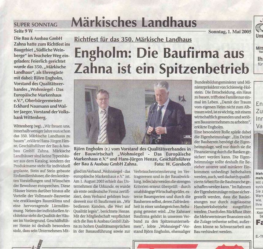 Presseartikel von Zahnabau - BAU UND AUSBAU GmbH in Zahna-Elster in der Region Lutherstadt Wittenberg
