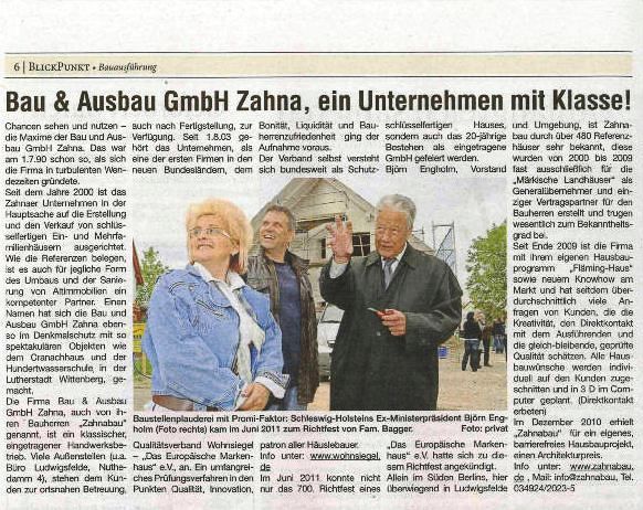 Presseartikel von Zahnabau - BAU UND AUSBAU GmbH in Zahna-Elster in der Region Lutherstadt Wittenberg